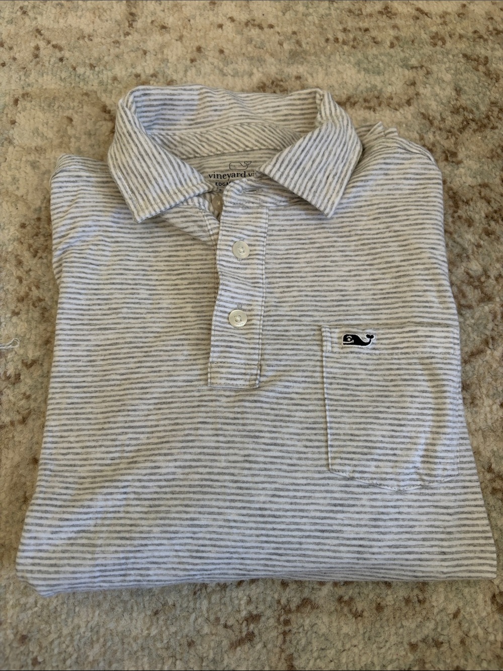 Vineyard Vines Kid’s Striped Polo - Light Gray and White- long sleeve